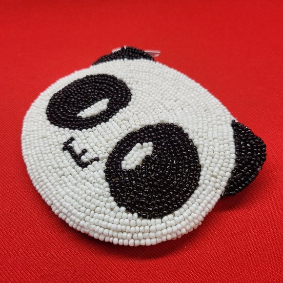 Vintage Coin Purse Panda Bear Beaded Black & White Silk Lined - Picture 3 of 11
